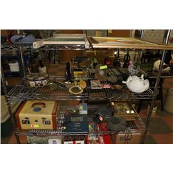 SHELF OF MISC ESTATE ITEMS INCL BRASS, SOCK