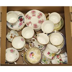 BOX OF ASSORTED FINE CHINA CUPS AND SAUCERS
