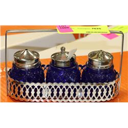 VINTAGE METAL AND BLUE GLASS CONDIMENT SERVER