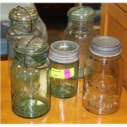 LOT OF 5 VINTAGE GLASS CANNING JARS INCL CROWN,