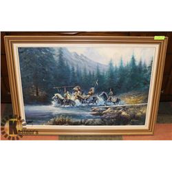 "INDIAN CROSSING THE RIVER" OIL ON CANVAS SIGNED