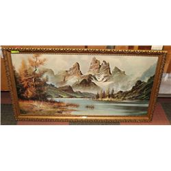 LARGE GOLD TONE ORNATE FRAMED MOUNTAIN SCENE