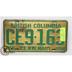 B.C. CENTENNIAL LICENCE PLATE 1858-1958 100 YEARS