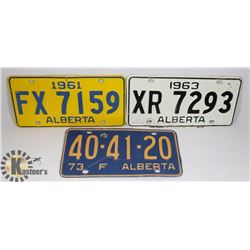 LOT OF 3  ALBERTA LICENCE PLATES 1961, 1963, 1973