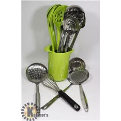 FLAT OF LARGE STAINLESS KITCHEN TOOLS AND MORE