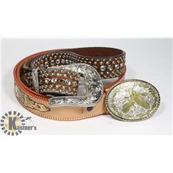 LOT OF 2 WESTERN LEATHER BELTS, 1 HAS STAMPED