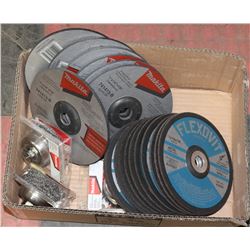 BOX OF VARIOUS 7" DISCS / WHEELS & WIRE BRUSHES