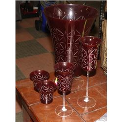 CRANBERRY ETCHED GLASS VASE WITH 2 CUPS AND