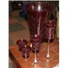 Image 1 : CRANBERRY ETCHED GLASS VASE WITH 2 CUPS AND