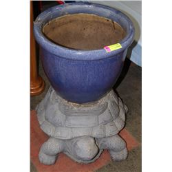BLUE CERAMIC PLANTER WITH TURTLE STAND 24" TOTAL