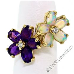 14kt Yellow Gold 2.70 ctw Oval Amethyst and Opal Double Flower Ring