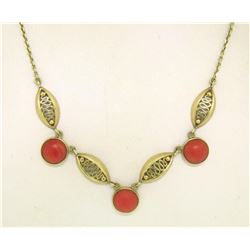 14k Solid Gold Ox Blood Red Coral Open Work Collar Necklace