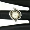 Vintage 14K White Gold 8.5mm Pearl Bezel Diamond 2 Wave Bypass Cocktail Ring