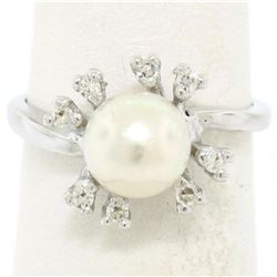 14K White Gold 7.5mm Cultured Pearl & 8 Single Cut Diamond Petite Cluster Ring