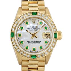 Rolex Ladies 18K Yellow Gold MOP Emerald President Wristwatch With Watch Winder