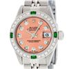 Rolex Ladies Stainless Steel Quickset Salmon Diamond & Emerald Wristwatch