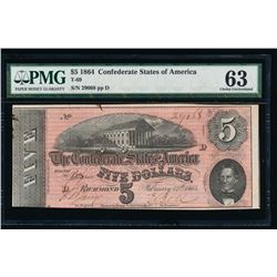 1864 $5 Confederate States of America Note PMG 63
