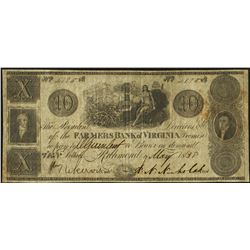 1838 $10 Farmers Bank of Virginia Note