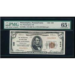 1929 $5 Philadelphia National Bank Note PMG 65EPQ