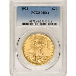 1922 $20 St. Gaudens Double Eagle Gold Coin PCGS MS64