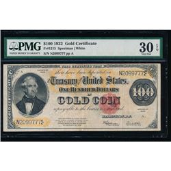 1922 $100 Gold Certificate PMG 30EPQ
