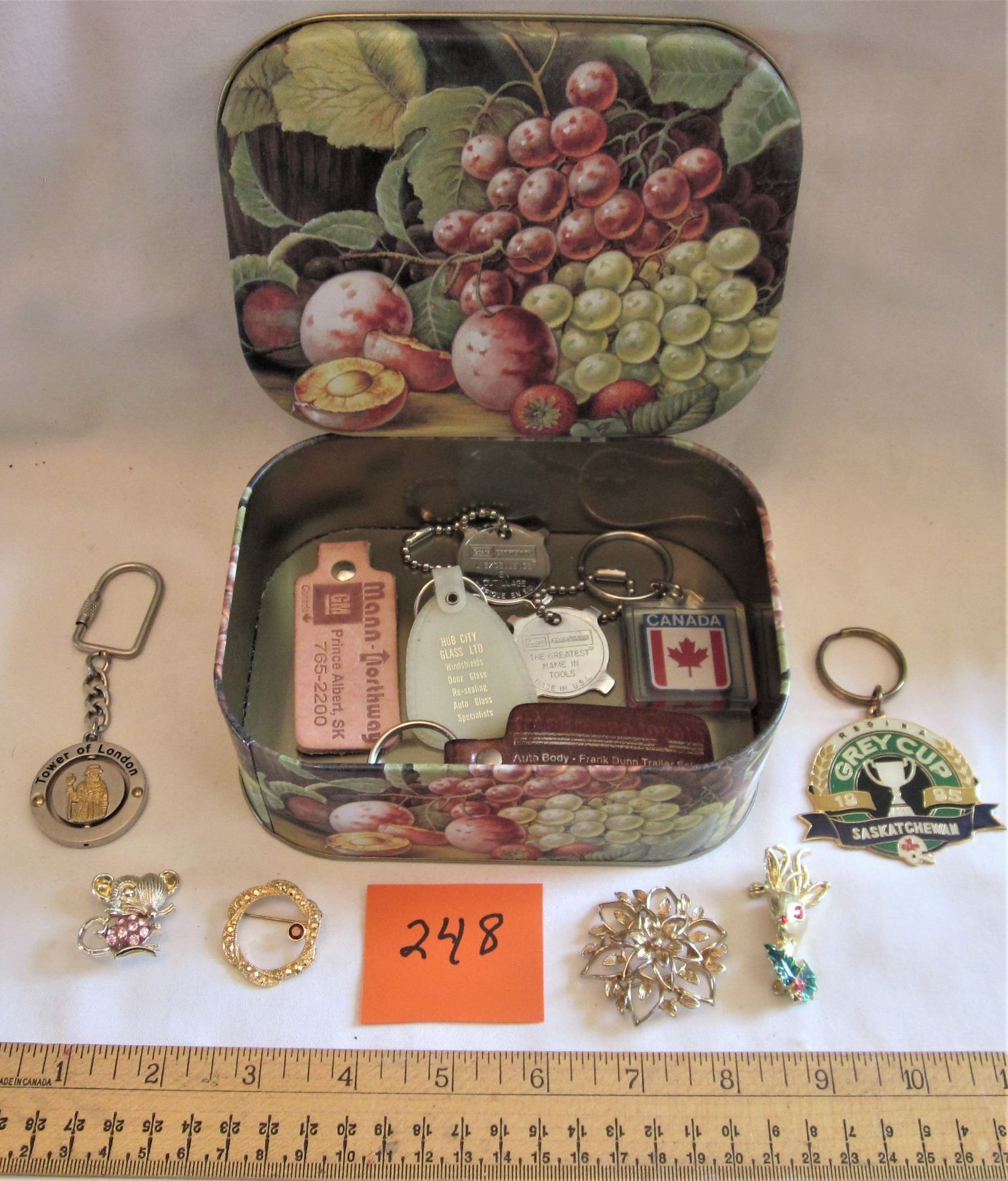 VINTAGE TIN BOX JEWELRY + KEY CHAINS