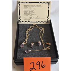 GENUINE AMETHYST - 1CT - PENDENT / EAR STUBS / PIN 18" CHAIN CERTIFICATE OF AUTHENTICITY