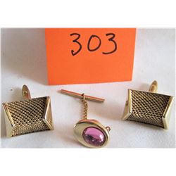 GOLD CUFFLINKS + TIE PIN