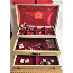 VINTAGE JEWELRY BOX - 2 PINS - 7 RINGS - 2 STRING NECKLACES - 2 PENDANTS - SAIL BOAT CLOCK - 7 CLIP 