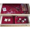 Image 2 : VINTAGE JEWELRY BOX - 2 PINS - 7 RINGS - 2 STRING NECKLACES - 2 PENDANTS - SAIL BOAT CLOCK - 7 CLIP 