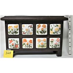 WOODEN TABLE TOP STORAGE CHEST / 8 FLORAL CERAMIC DRAWERS