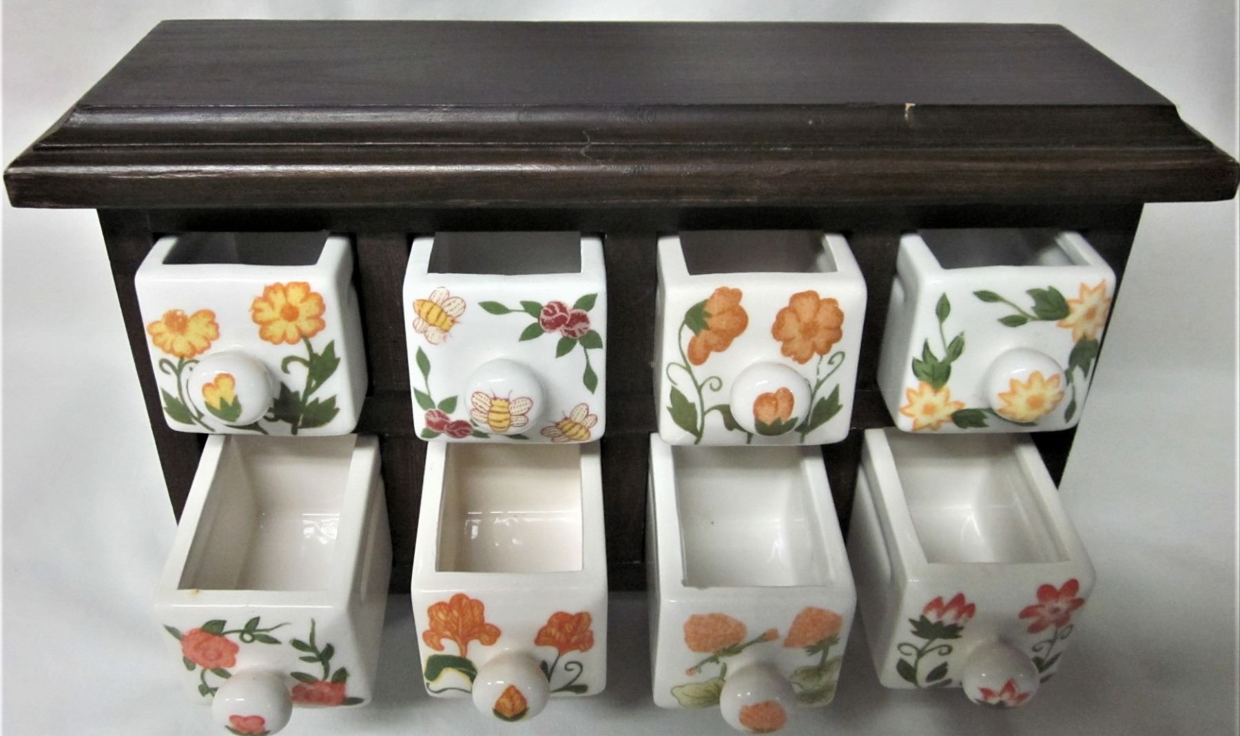 WOODEN TABLE TOP STORAGE CHEST / 8 FLORAL CERAMIC DRAWERS Schmalz