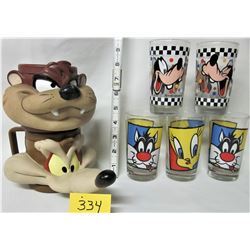 5X 1994 DISNEY GLASSES (THREE TWEETY + SYLVESTRE, TWO PLUTO), 2X 1992 KFC PLASTIC FIGURAL MUGS (WILE