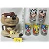 Image 1 : 5X 1994 DISNEY GLASSES (THREE TWEETY + SYLVESTRE, TWO PLUTO), 2X 1992 KFC PLASTIC FIGURAL MUGS (WILE