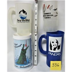 LOT 4 VINTAGE PLASTIC 1980'S FLORIDA SOUVENIER MUGS (SEA WORLD - BUSH GARDENS - KENNEDY SPACE CONTRO