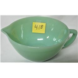 7 1/2" FIRE KING JADITE BATTER BOWL/HANDLE (SMALL CHIP ON RIM)