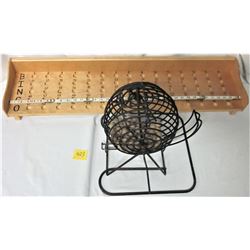 VINTAGE WIRE CAGE 9" DIAMETER REVOLVING BINGO MACHINE (WOODEN NUMBERED BALLS AND WOODEN DISPLAY)