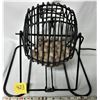 Image 2 : VINTAGE WIRE CAGE 9" DIAMETER REVOLVING BINGO MACHINE (WOODEN NUMBERED BALLS AND WOODEN DISPLAY)