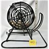 Image 3 : VINTAGE WIRE CAGE 9" DIAMETER REVOLVING BINGO MACHINE (WOODEN NUMBERED BALLS AND WOODEN DISPLAY)