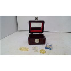 WOOD TRINKET BOX WITH MOTHER OF PEARL AND CONTENTS