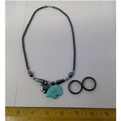 BEAR NECKLACE AND 2 HEMATITE MAGNETIC RINGS (SIZE 11)