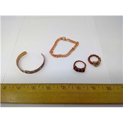 TWO COPPER BRACELETS AND TWO RINGS