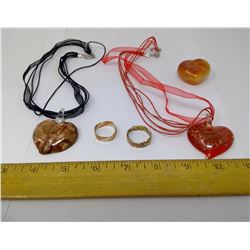 TWO HANDBLOWN GLASS HEART BEADS WITH COPPER, 2 COPPER RINGS, AND HEART