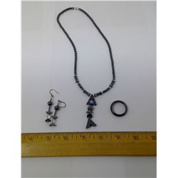 HEMATITE NECKLACE, EARRINGS AND RING - RING SIZE 11.5