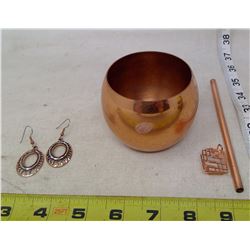 4 Piece Copper Mug, Straw, Earrings, and Stone Cage Pendant