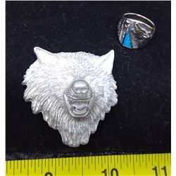 Wolf Bolo Tie Clip and Stone Chip Ring - Size 8.5