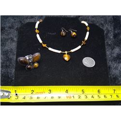 Tiger Eye 4 Piece Set - Shell Necklace, Rings, Earrings