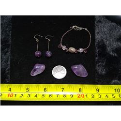 Amethyst Bracelet, earrings, and 2 Rocks