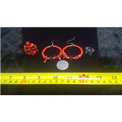 4 Piece Red Coral Set - 2 Rings and Earrings
