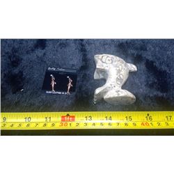 Fossil Carved Dolphin and Copper Earrings